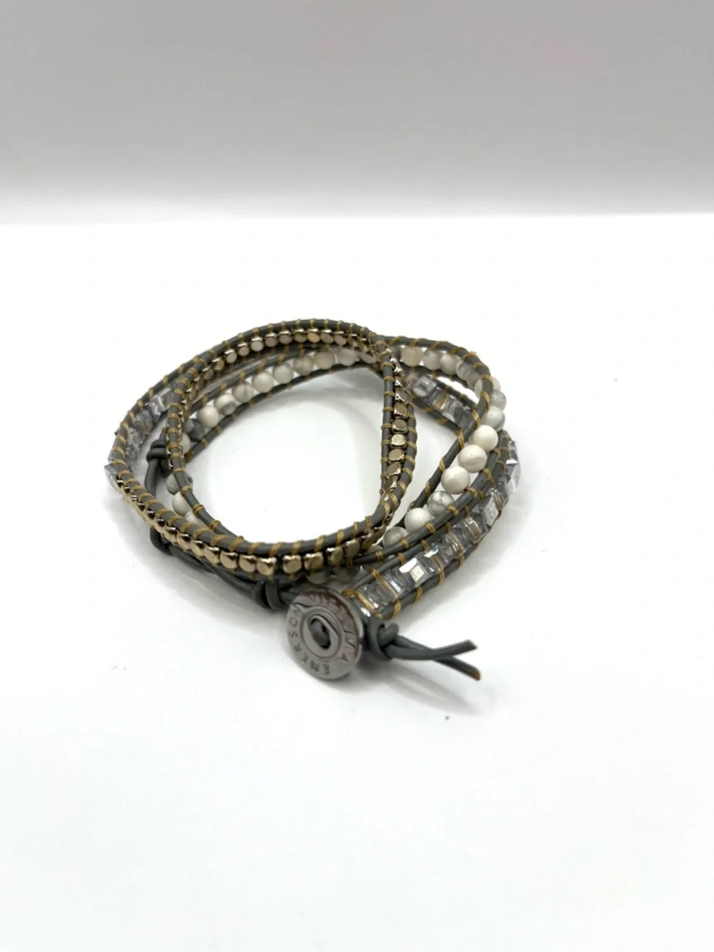 Victoria Emerson White and Gold Multi-Strand Wrap Bracelet Gray Leather